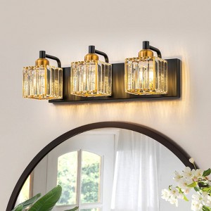 LLHZSY Dimmable Square Bathroom Crystal Vanity Light Wall Sconces - 3-Light - Black&Gold - 1 of 4