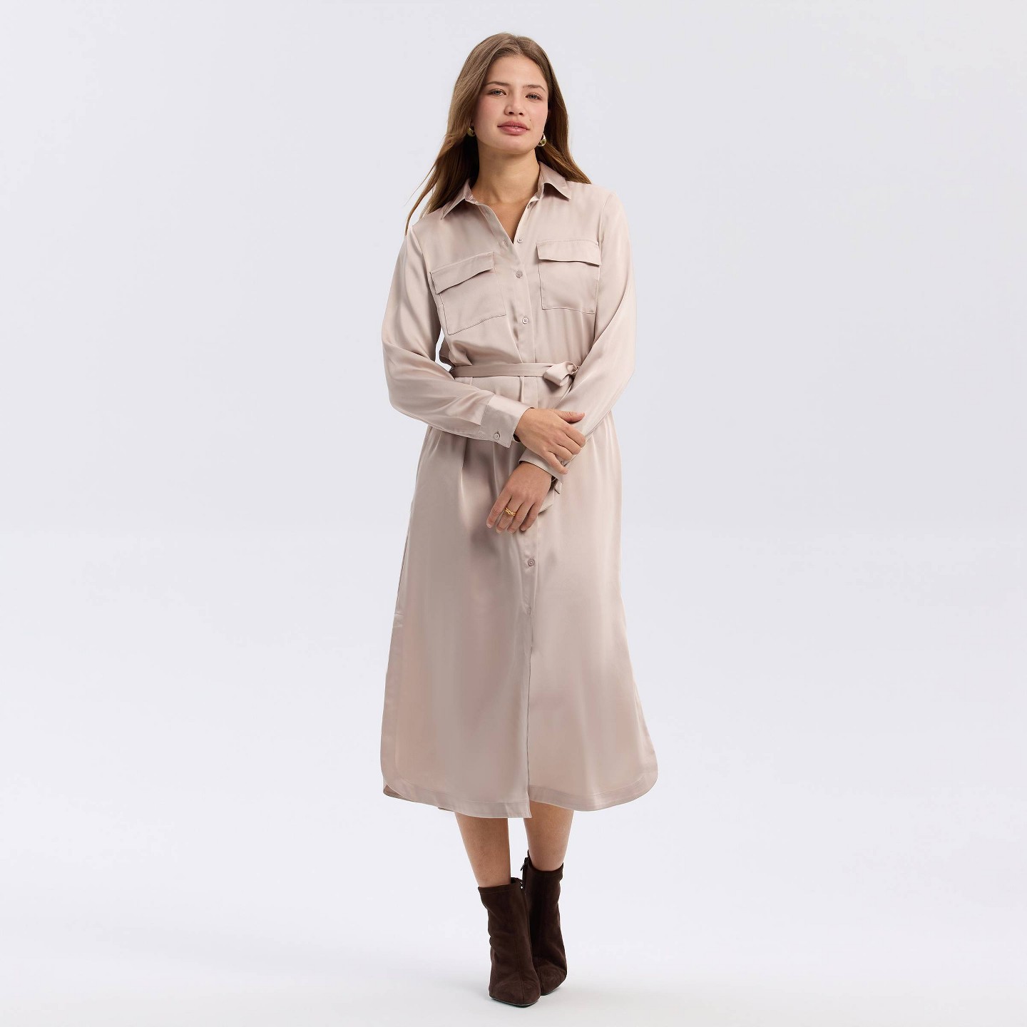 Женское платье A New Day Long Sleeve Belted Satin Midi Shirtdress — фото 1