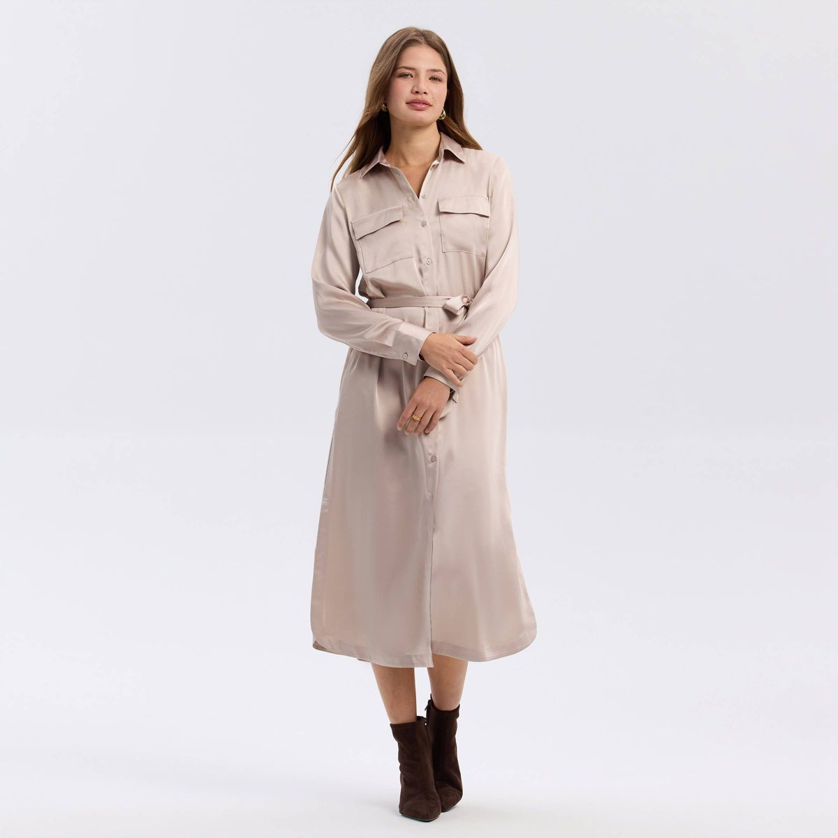 Women's Long Sleeve Belted Satin Midi Shirtdress - A New Day™ - thumbnail 4