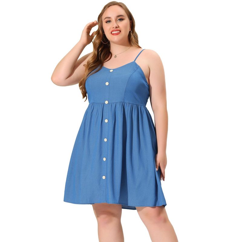 Agnes Orinda Women's Plus Size Casual Button Down Sleeveless Summer Strap Smocked Back Chambray Sundresses, 3 of 6