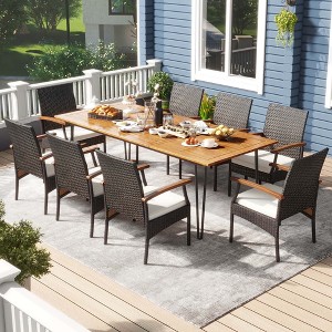 Costway 9 PCS Outdoor Patio Dining Set Armchairs Set of 8 and Acacia Wood Square Table - 1 of 4