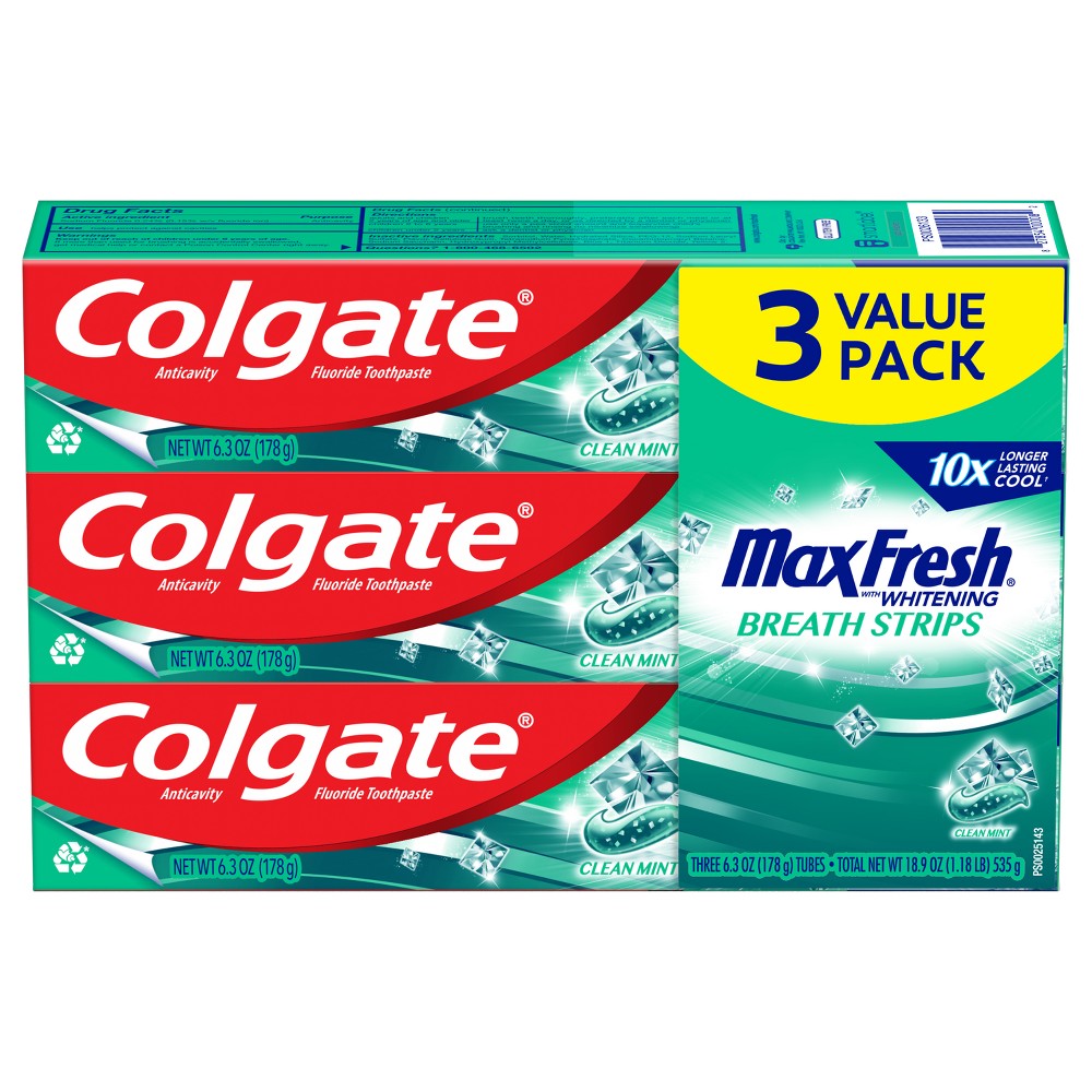 Colgate Max Fresh Toothpaste  Mini Breath Strips, Clean Mint, 3 Pack, 6.3 oz