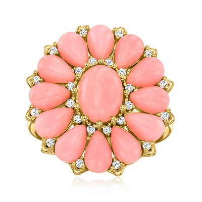 Ross-Simons Pink Coral and 0.20 ct. t.w. White Zircon Floral Ring in 18kt Gold Over Sterling