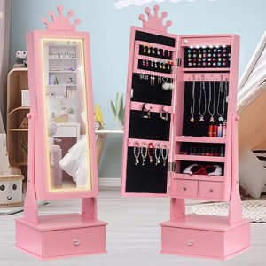Kids Jewelry Armoire with Full-Length Mirror, Girl Vanity Dress Up Mirror with Storage Cabinet, Jewelry Cabinet with Led Light - 1 of 4