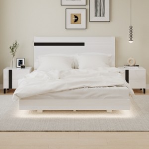 3 Pieces Bedroom Sets, Queen Size Floating Platform Bed with LED Light and High Gloss Finish,  2 Nightstands with 2 Drawers, White-ModernLuxe - 1 of 4