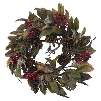 24" Pinecone, Berry & Feather Wreath - Nearly Natural