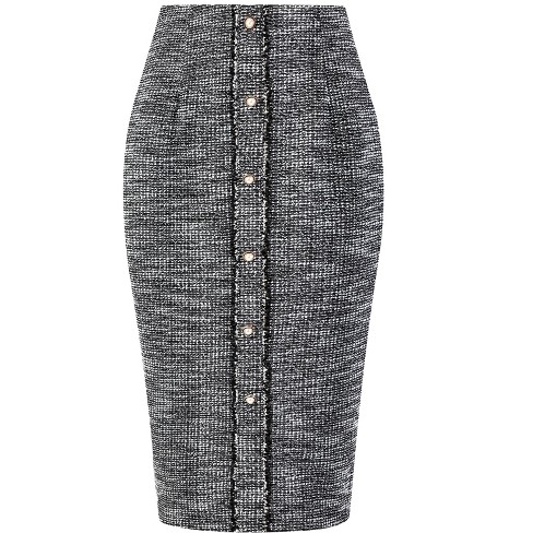 Hobemty Women's Tweed High Waist Button Decor Knee Length Pencil Skirts  Black Medium