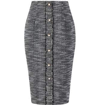 Hobemty Women's Tweed High Waist Button Decor Knee Length Pencil Skirts