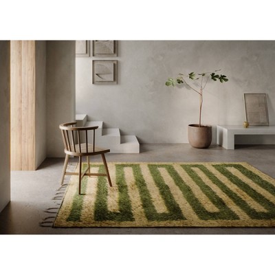 Green and Beige Handwoven Wool Geometric Rug, 5 ft x 8 ft