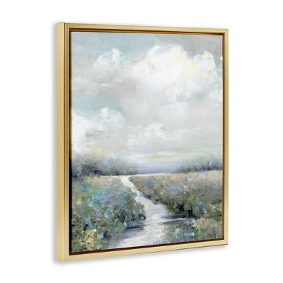 Tranquil Meadow Path Abstract Canvas Print with Gold Frame
