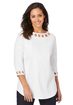 Jessica London Women's Plus Size Stretch Cotton Lattice Boatneck Tunic