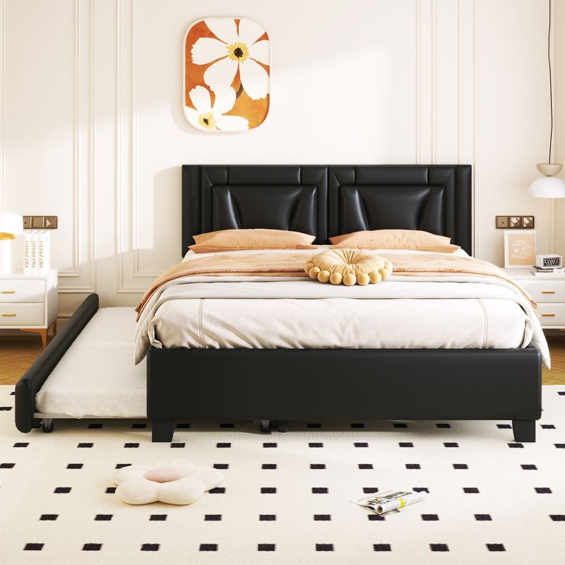Queen Size Upholstered Platform Bed with Headboard and Twin Size Trundle 4A - ModernLuxe, 2 of 10