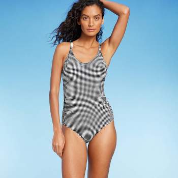 Women's Textured Gingham Ruched Full Coverage One Piece Swimsuit - Kona Sol™ Black