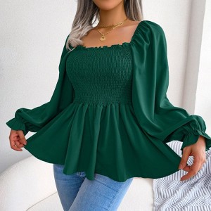 Coolmee Women Casual Square Neck Shirred Lantern Long Sleeve Frill Trim Flared Hem Blouse Shirt Tops - 1 of 4