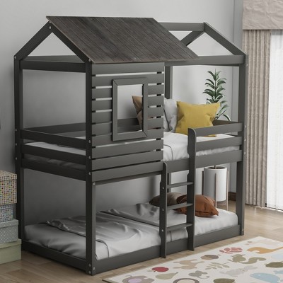 Twin Over Twin Wood Bunk Bed With Roof, Window, Guardrail, Ladder Gray ...