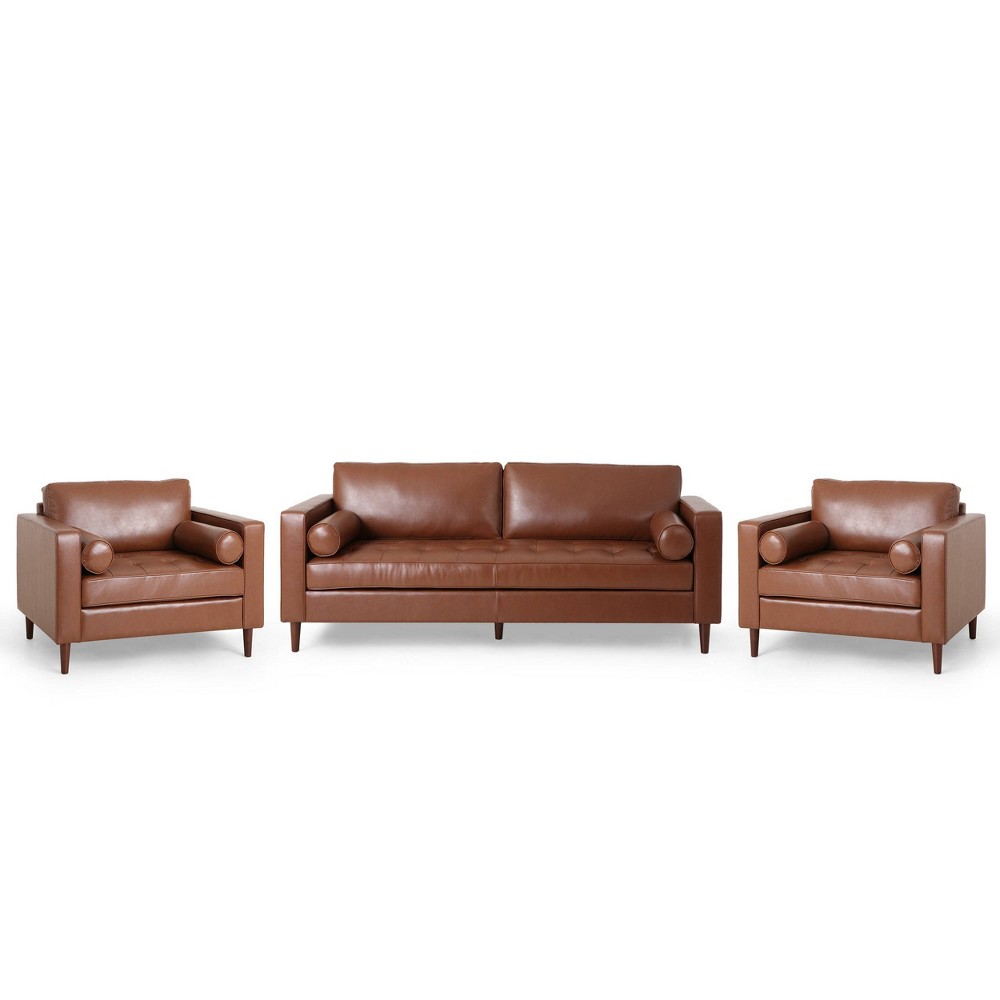 Christopher Knight Home 3pc Malinta Contemporary Faux Leather Tufted Sofa and Club Chair Set Cognac Brown/Espresso