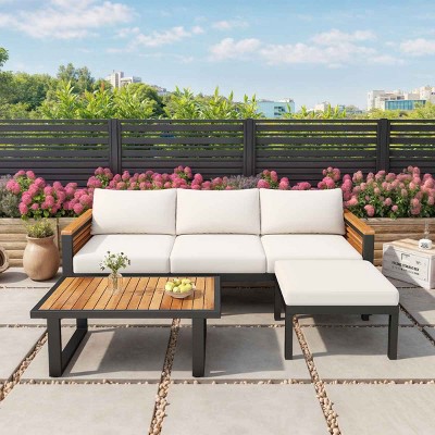 3 PCS Outdoor Sofa Set, 3-Seater Sofa Set with Table and Ottoman, Acacia Wood Sofa with Metal Frame and Polyester Cushion-Coolbibila