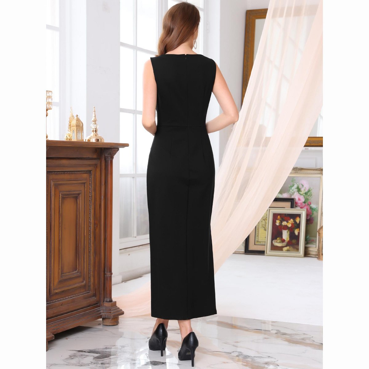 Женские платья INSPIRE CHIC Women's Sleeveless Formal Mesh Boat Neck Cocktail Evening Wedding Guest Maxi Dress X-Large Black — фото 4