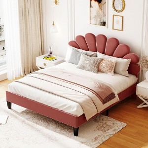 Queen Size Upholstered Platform Bed with Flower Pattern Headboard Velvet Fabric Bedframe, No Box Spring Needed Upholstered - 1 of 4