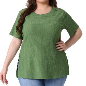 Agnes Orinda Women's Plus Size Textured Crew Neck Side Split Short Sleeve T-Shirts - 1 of 4