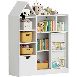 44" Kids Bookshelf Toy Storage, Kids Bookshelf with Removable Drawers, 8 Storage Cubby & Sliding Door, Children's Toy Shelf, Floor Storage Chest - 1 of 4