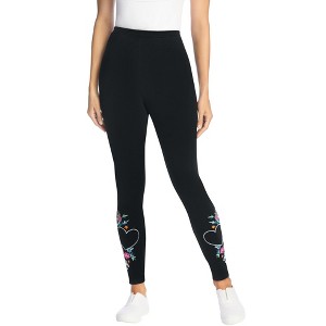Woman Within Stretch-Cotton Knit Pull-On Embroidered Leggings - 1 of 4