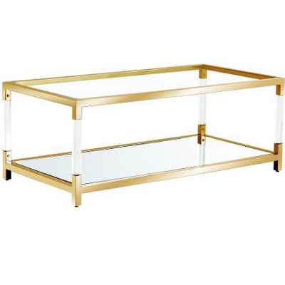 Dolonm Gold Glass Coffee Table - Modern Acrylic Leg, Mirror Bottom, Tempered Glass Top 47.2" for Living Room, Luxury Stainless Steel Frame
