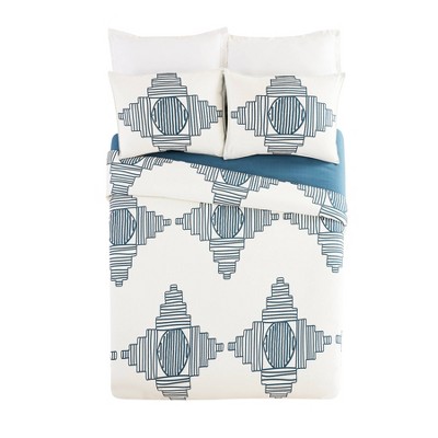 Queen White and Blue Cotton Duvet Cover Set