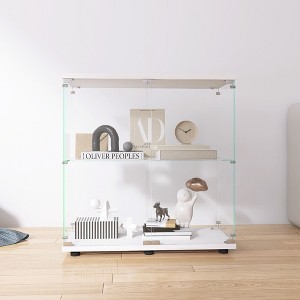 Two-door Glass Display Cabinet 2 Shelves with Door, Floor Standing Curio Bookshelf for Living Room Bedroom Office, 33.35"*31.69"*14.37",White - 1 of 4