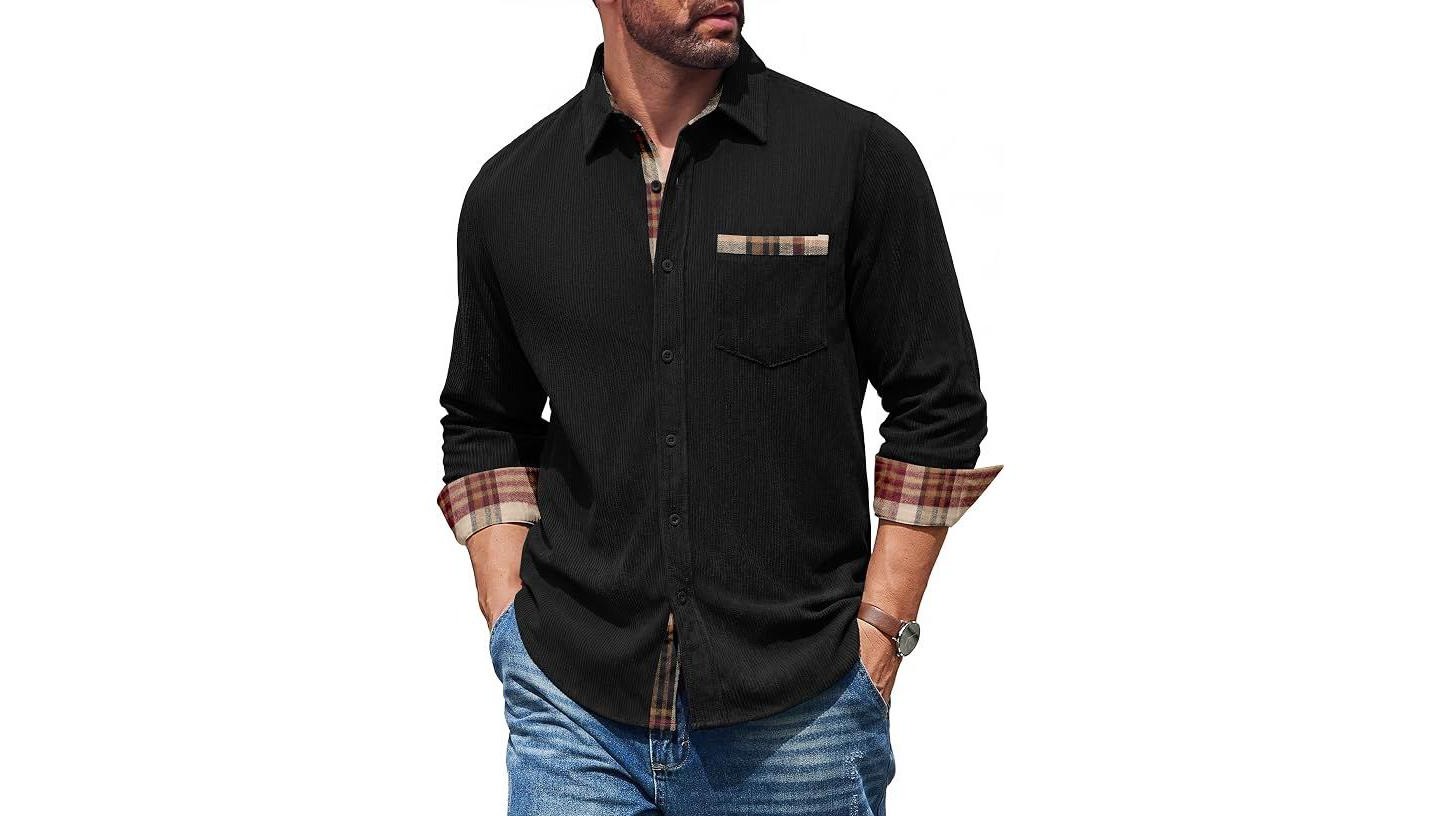 Мужская куртка COOFANDY Corduroy Shirt Men Long Sleeve Button Down Casual Overshirt Shirt Jacket Black, цвет: Чёрный — фото 1