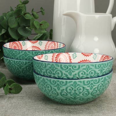 Turquoise and Red Ceramic 24 Ounce Soup and Dessert Bowls, Set of 4
