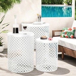 Sevobal Patio Coffee Tables Outdoor Side Table Set of 3, Round Patio Accent Metal Frame End Table for Cafes Patio Balconies, White 14.5"*19.25" - 1 of 4