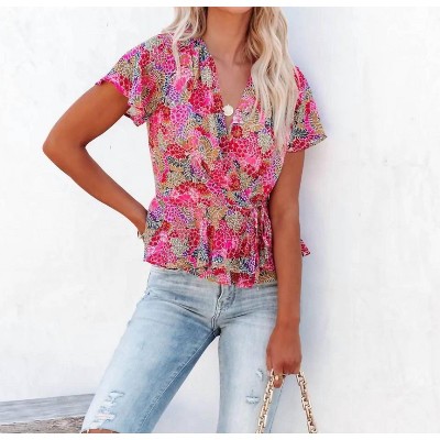 Women's Surplice V Neck Floral Flutter Peplum Top - Shewin Inc.