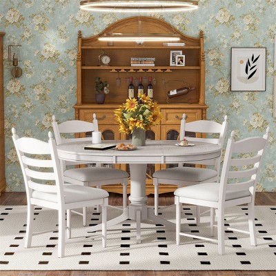 ELJGET 5 Piece Dining Table Set, Mid-Century Wood Kitchen Table with Extendable Dining Table & 4 Upholstered Dining Room Chairs, Antique White