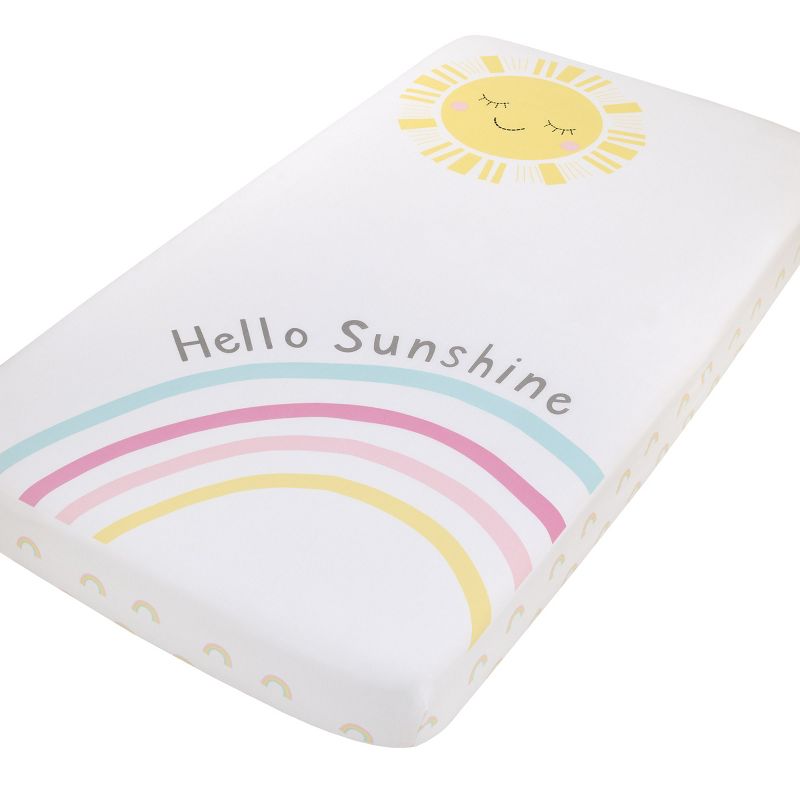NoJo Happy Days Pink, Yellow, Blue and White, Rainbows and Hello Sunshine 100% Cotton Photo Op Nursery Fitted Crib Sheet, 1 of 7