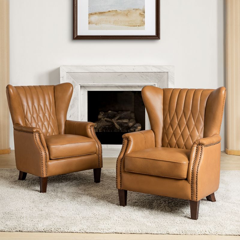 Set of 2 Valerius Genuine Leather Armchair with Nailhead Trims and Solid Wood Legs | HULALA HOME, 2 of 12