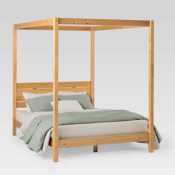 Modern Boho Wood Canopy Bed with Plank Headboard Queen - Saracina Home