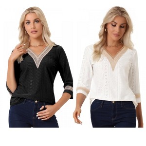 INSPIRE CHIC Women's V Neck Contrast Color Lace Trim Boho Top 2 Packs - 1 of 4
