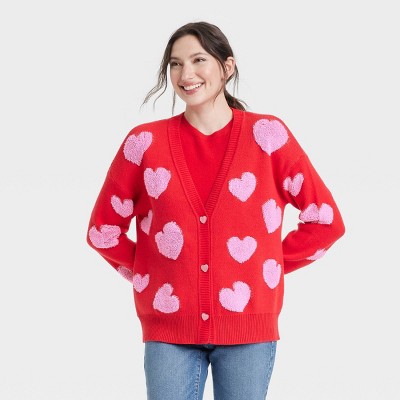 Women's Pink Hearts Graphic Cardigan - Red M