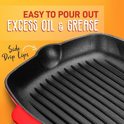 NutriChef 11" Red Cast Iron Skillet Grill Pan with Porcelain Enamel Coating
