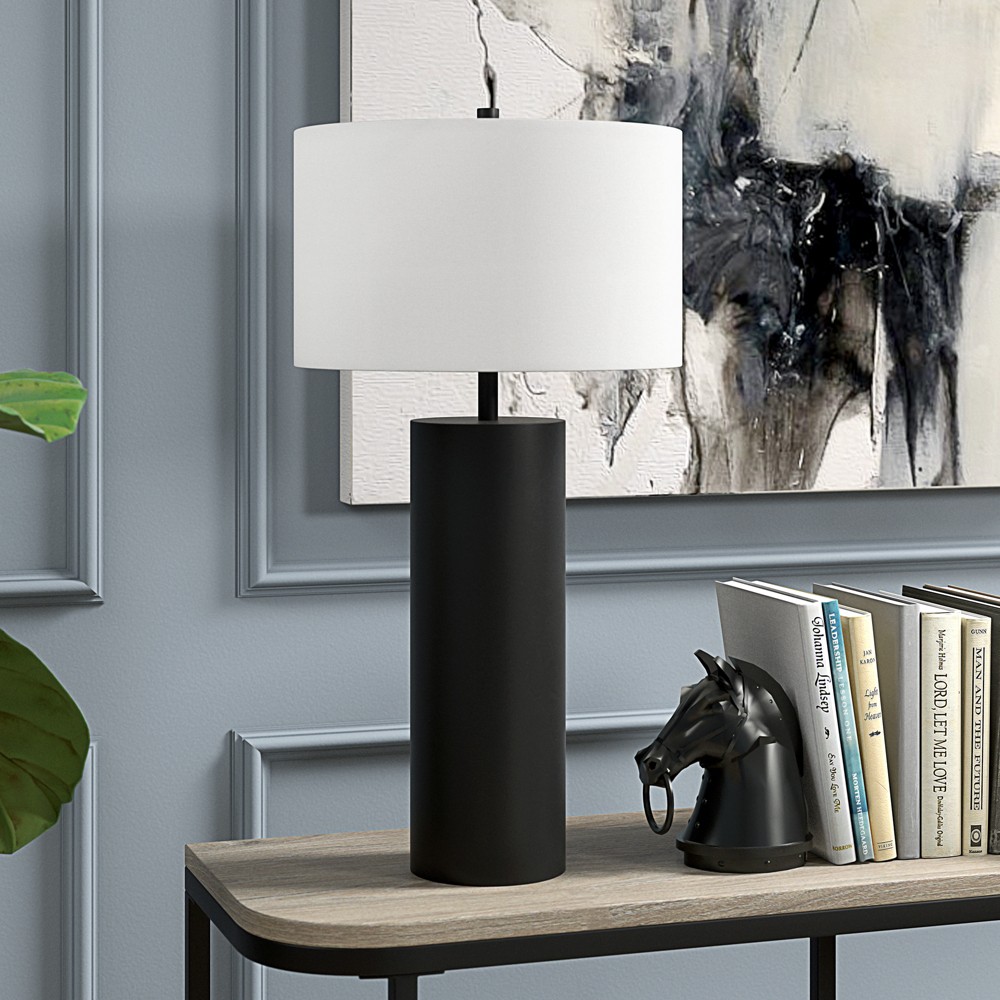 Photos - Floodlight / Street Light Hudson and Canal 29.5" Tall Table Lamp with Fabric Shade Blackened Bronze/White: Mid-Century Design, Metal Body