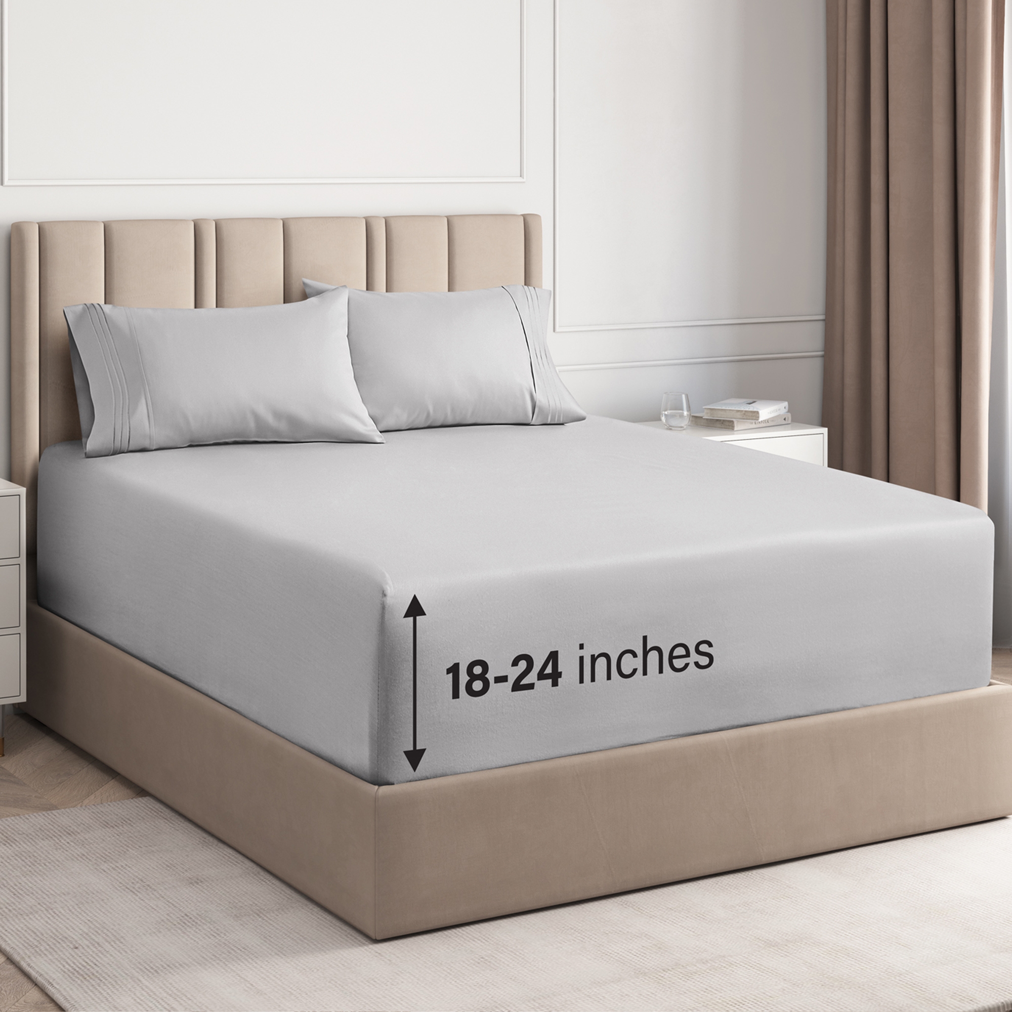 CGK Linens Extra Deep Pocket 4 Piece Sheet Set - Soft Bed Sheets, Fits 18"-24" Mattresses in Light Grey, Size Queen