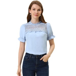 Allegra K Women's Summer Casual Chiffon Lace Panel Puff Sleeve Blouse - 1 of 4