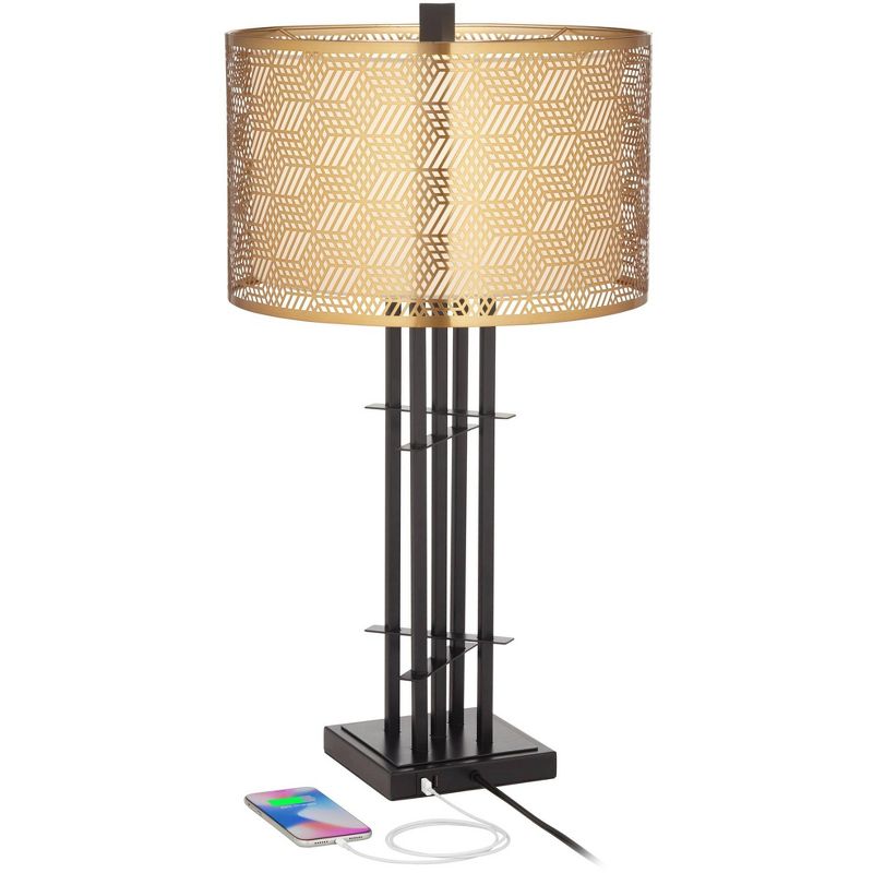 Possini Euro Design Deborah Modern Mid Century Table Lamp 30" Tall Black with USB Charging Port Gold Metal Double Drum Shades for Living Room Desk, 3 of 10