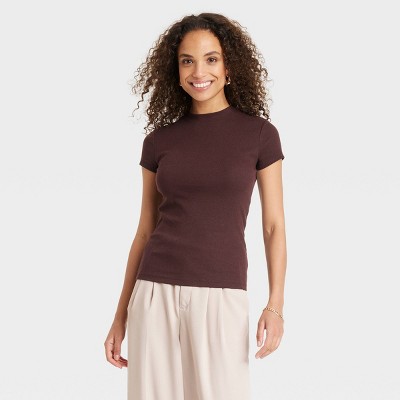 Women's Slim Fit Short Sleeve Ribbed T-Shirt - A New Day™ Dark Brown XL