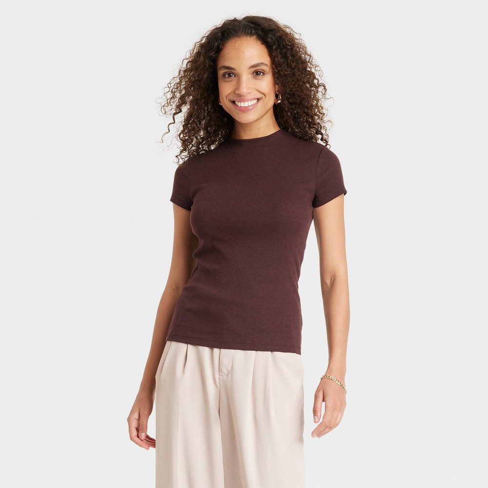 Women's Slim Fit Short Sleeve Ribbed T-Shirt - A New Day™ Dark Brown M/6 CasePack 