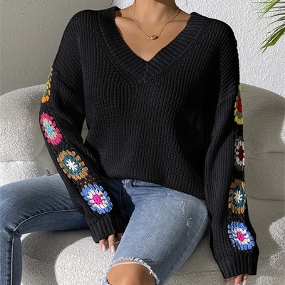 Women's Sweater V-Neck Sweater Colorful Crochet Flower Long Sleeve Pullover