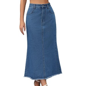 INSPIRE CHIC Women's Denim A Line High Waisted Raw Hem Casual Maxi Skirt - 1 of 4