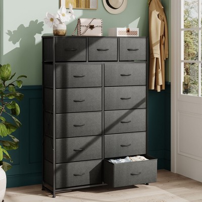 Tall Dresser with 13 Drawers, Fabric Storage Organizer Chest for Bedroom, Sturdy Steel Frame with Wood Top
