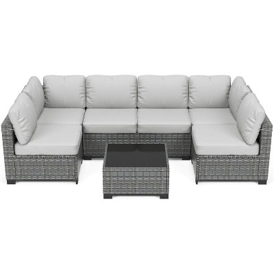 7-Piece Patio Set with Dining Table, Modular Sectional Sofa, All-Weather Wicker